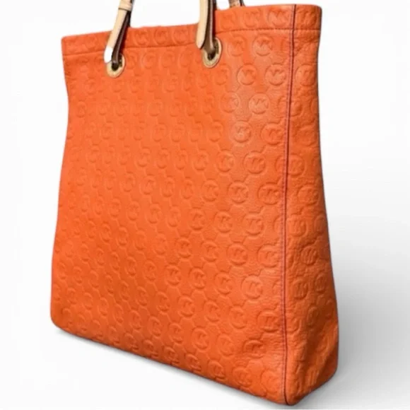 Michael Kors Tote Bag Vintage Monogram Embossed Leather Tote Shoulder Bag Orange - Picture 3 of 12